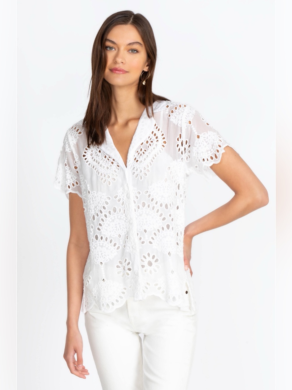 Johnny Was Marietta Cooper Embroidered Eyelet Shirt | Cupra Rayon | Size S - Picture 3 of 8